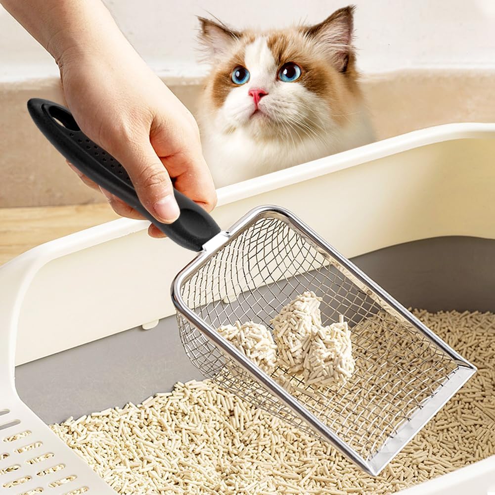 Cat Litter Scoop - Long Handle Scooper, Rustproof Stainless Steel Mesh, Non-Slip Grip, Deep Shovel Sifter for All Litter Types, Easy Clean Kitty Waste Litter for Litter Box(Black)
