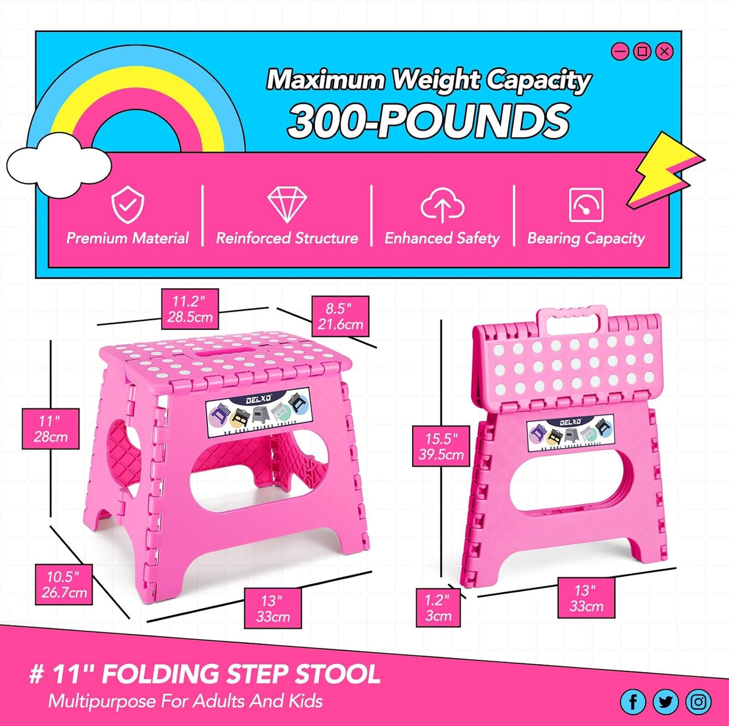 Folding Step Stool 13 Inch,300 Lbs Step Stool for Adults Black