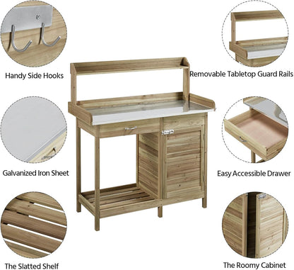 Yaheetech Outdoor Garden Potting Bench Table Work Bench Metal Tabletop W/Cabinet Drawer Open Shelf Natural Wood
