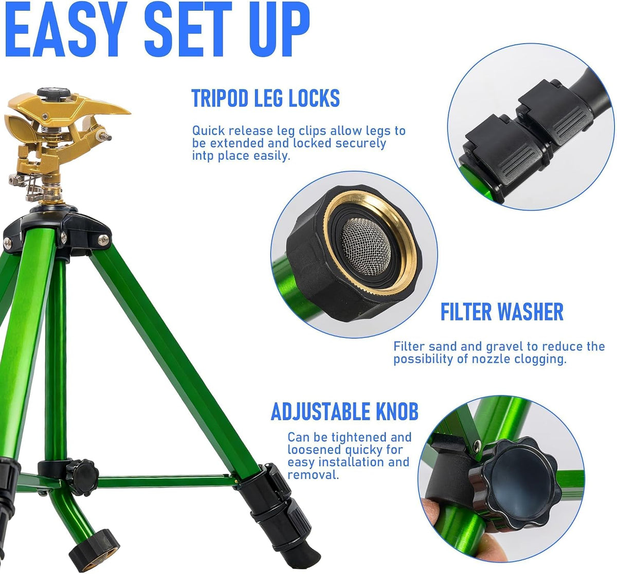2 Pack Impact Sprinkler on Tripod, Rotating Water Sprinklers for Yard Lawn and Garden, Heavy Duty 360 Degree Irrigation Sprinkler with Zinc Head and 3/4" Connector for Outdoor