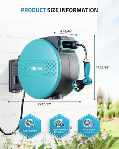 PAULINN Retractable Garden Hose Reel 1/2 Inch x 100 ft, Heavy Duty Wall Mounted Automatic Hose Reel with 10 Patterns Nozzle, Any Length Lock, Slow Return System, 180° Swivel Bracket & UV Resistant