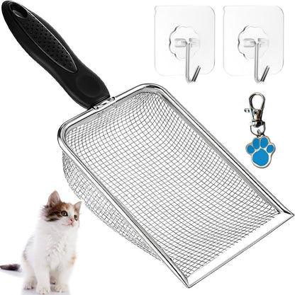 Cat Litter Scoop, Stainless Steel Cats Sturdy Mesh Scooper Kitty Metal Scooper Long Handle Scooper Shovel Sifter for All Litter Types Metal Cat Scooper for Litter Box