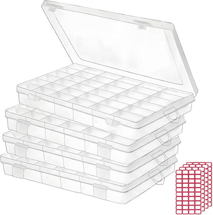 Budreu 4pack 36 Grids Plastic Clear Organizer Box Bead Storage Containers with Adjustable Dividers for Craft Jewelry Fishing Tackles Parts Storage with 4 Sheets Label Stickers