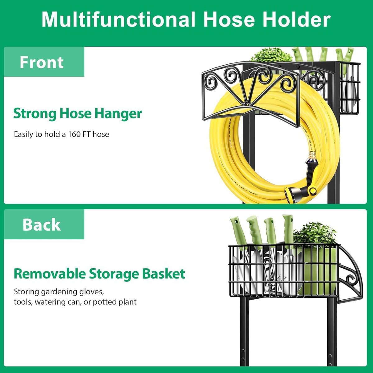 TomCare Garden Hose Holder Upgraded Heavy Duty Metal Water Hose Holder Holds 160 FT Hoses Sturdy Hose Reel Freestanding Outdoor Hoses Storage Hanger for Outside Yard Lawn
