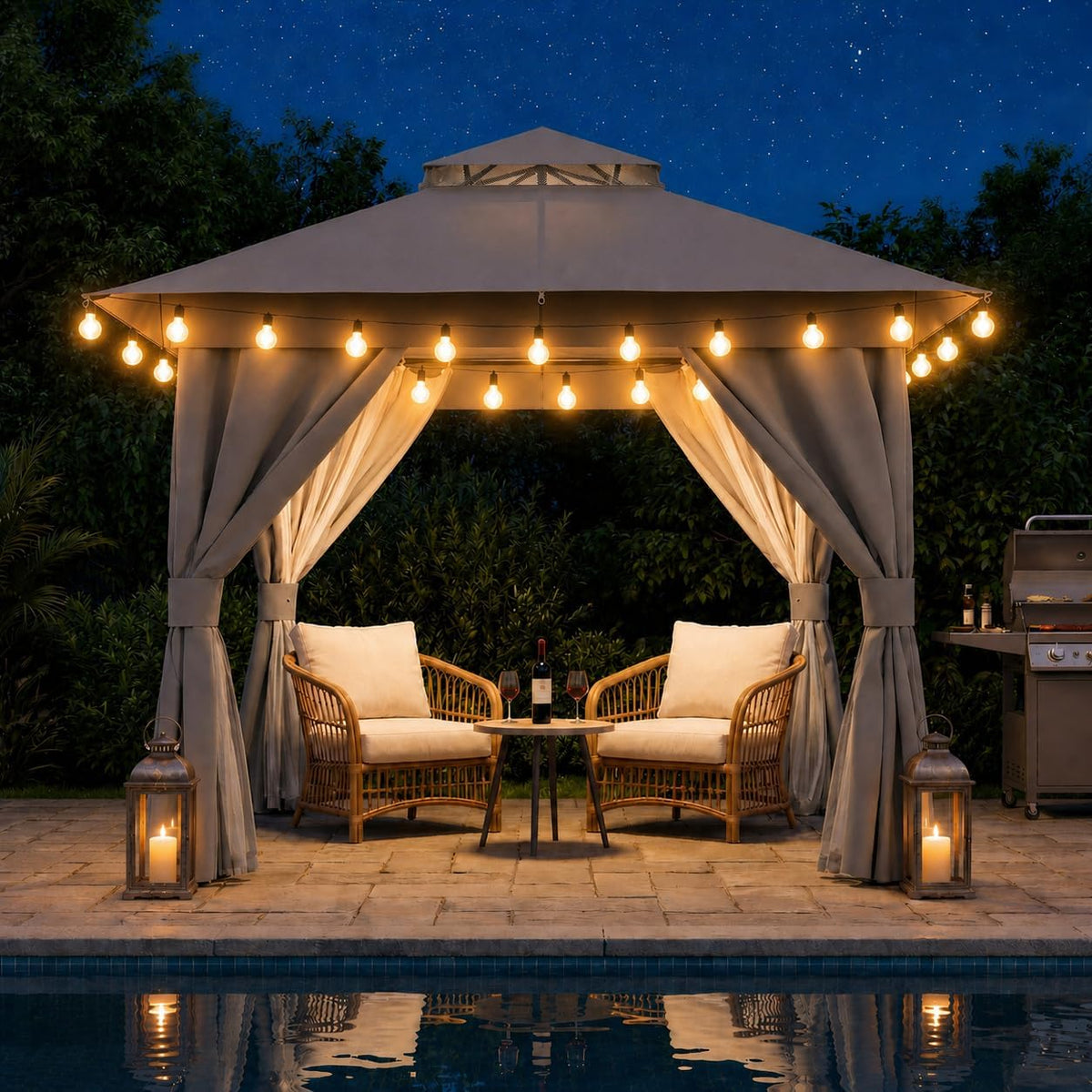 10x20 Gazebo Canopy with 100FT String Lights, Metal Heavy Duty Patio Canopy Tent with Double Roofs, Mosquito Nettings and Privacy Screens for Backyard, Garden, Lawn, Gray