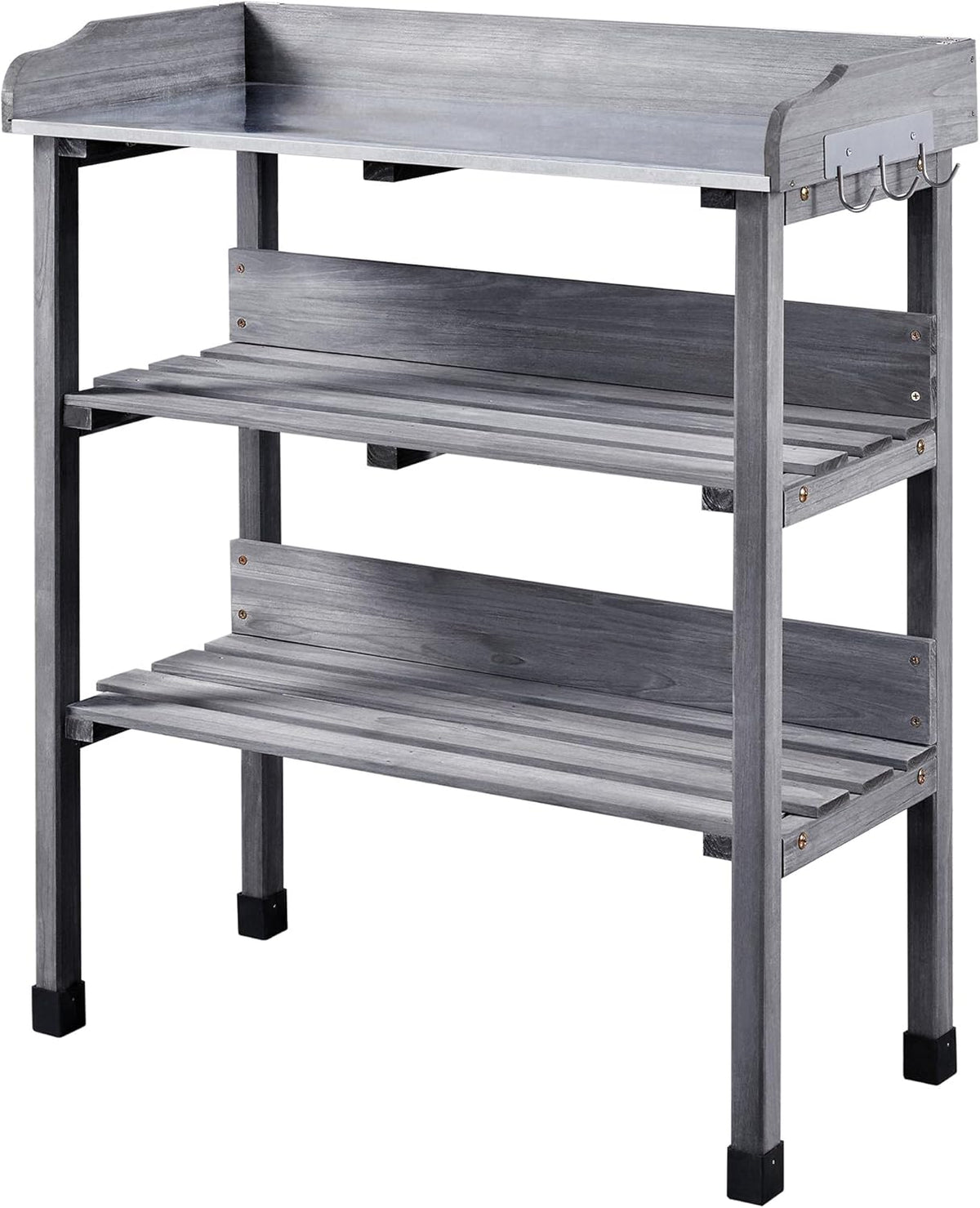 Topeakmart Potting Bench Table w/Metal Tabletop for Garden, Fir Wood Workstation w/3 Tier Shelves, Outdoor Work Bench w/Hook Natural Wood