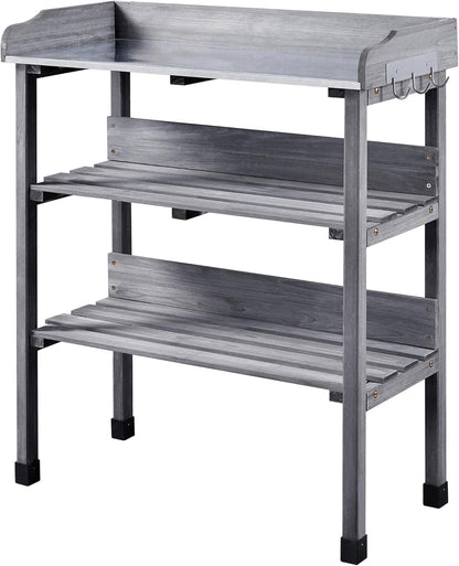 Topeakmart Potting Bench Table w/Metal Tabletop for Garden, Fir Wood Workstation w/3 Tier Shelves, Outdoor Work Bench w/Hook Natural Wood