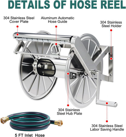 Stainless Steel Garden Hose Reel Heavy Duty, Wall Mount Water Hose Holder, 150 Feet of 5/8 Inch Hoses Capacity, Hose Reels with 5 ft Inlet Hose for Outside, Lawn, Yard, Garage