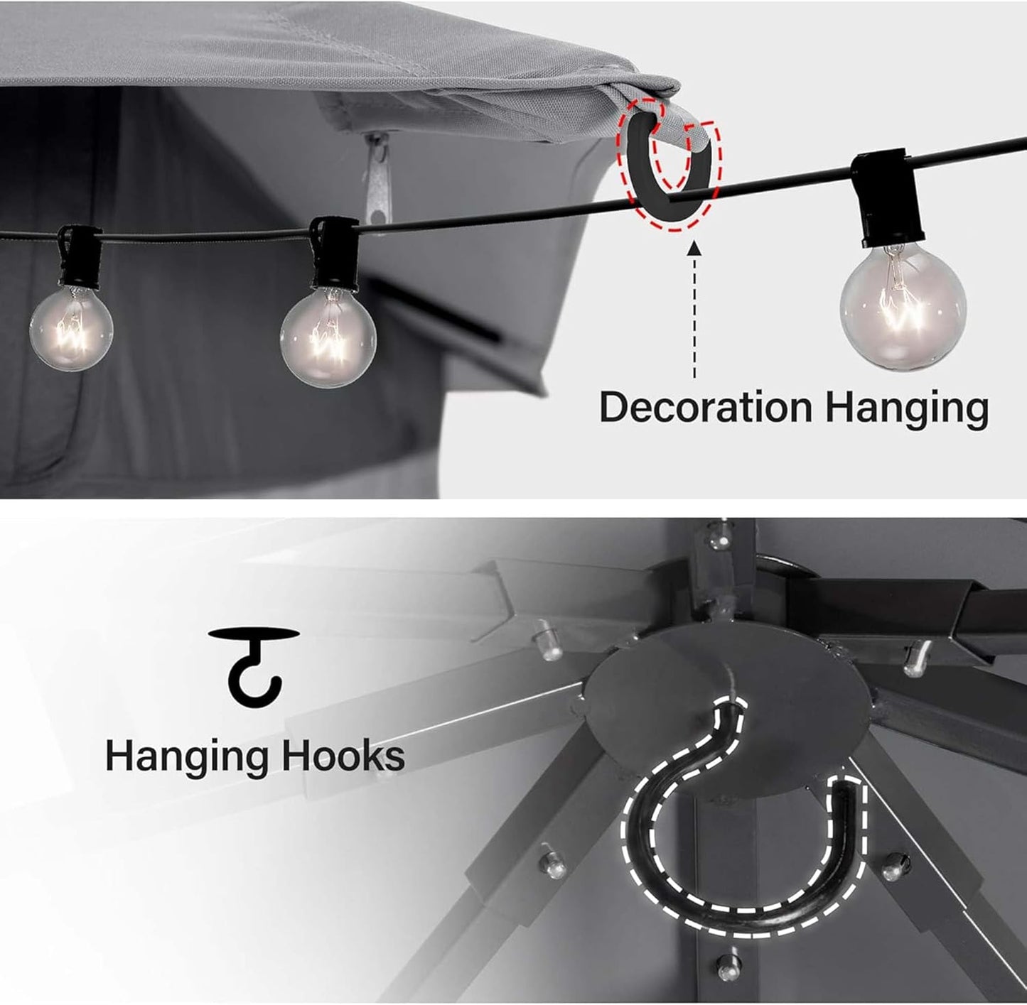 10x20 Gazebo Canopy with 100FT String Lights, Metal Heavy Duty Patio Canopy Tent with Double Roofs, Mosquito Nettings and Privacy Screens for Backyard, Garden, Lawn, Gray