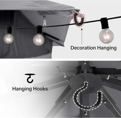10x20 Gazebo Canopy with 100FT String Lights, Metal Heavy Duty Patio Canopy Tent with Double Roofs, Mosquito Nettings and Privacy Screens for Backyard, Garden, Lawn, Gray