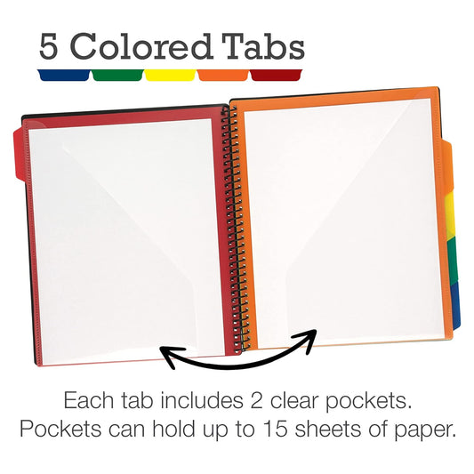 Samsill Spiral Folder Organizer (2-Pack)- 5 Dividers & 10 Pockets with Zipper Pouch, Multi Pocket Color Cordinated Folder Binder with Customizable Tabs, Document Organizer (Basic)