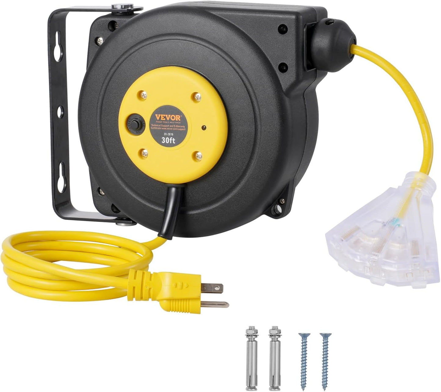 65FT Retractable Extension Cord Reel, Heavy Duty 12AWG/3C SJTOW Cord