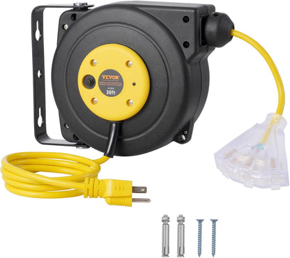 65FT Retractable Extension Cord Reel, Heavy Duty 12AWG/3C SJTOW Cord