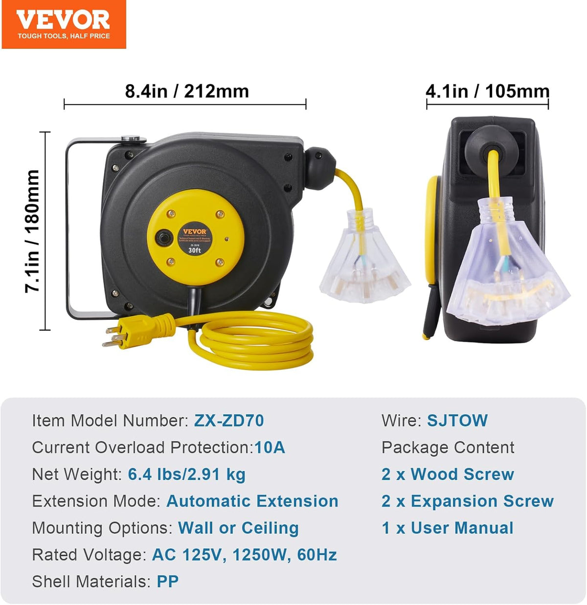 65FT Retractable Extension Cord Reel, Heavy Duty 12AWG/3C SJTOW Cord
