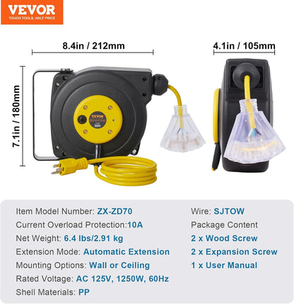 65FT Retractable Extension Cord Reel, Heavy Duty 12AWG/3C SJTOW Cord