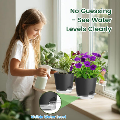Meowell Self Watering Pots Pack of 6 – Different Size 4" to 7" Indoor Plant Pots with Drainage Holes and Clear Reservoir for Visible Water Level, Plastic Wicking Planters for House Plants, White