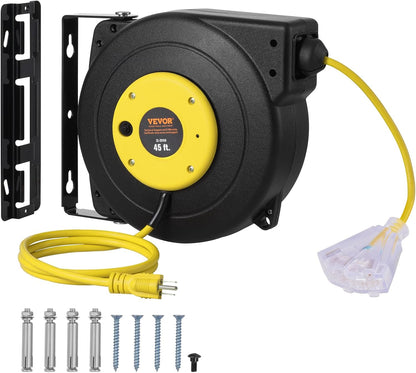 65FT Retractable Extension Cord Reel, Heavy Duty 12AWG/3C SJTOW Cord