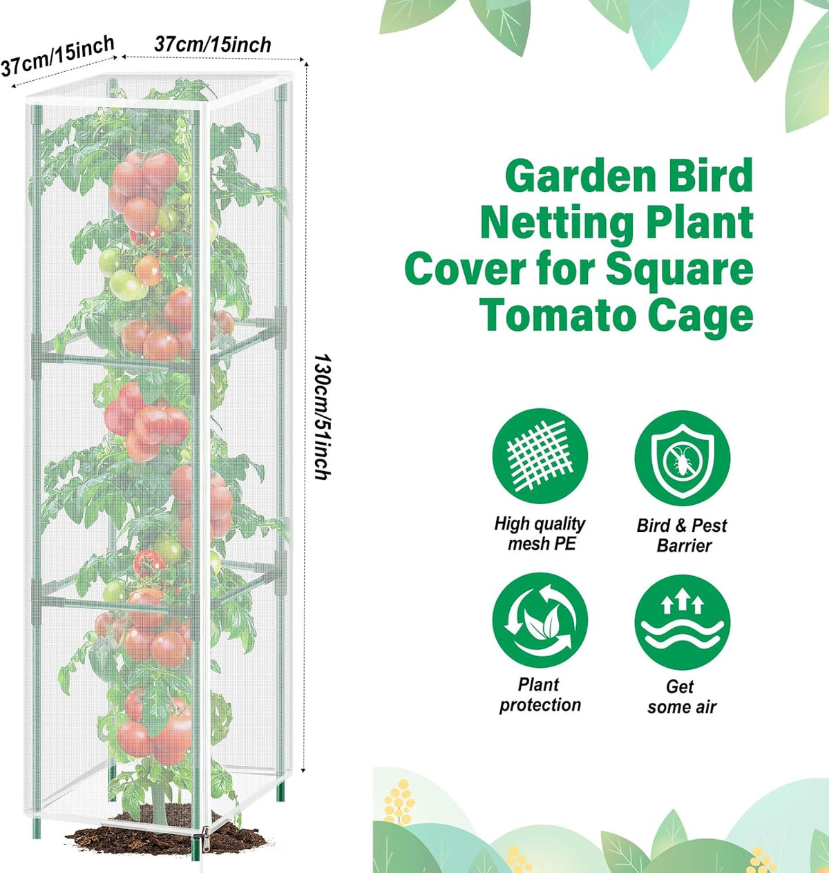3 Pack Garden Bird Netting Plant Cover for Round Tomato Cage, 61"x13" Insect Bird Barrier Tomato Cage Net with Zipper & Drawstring, Tomato Trellis Netting Protection Cover for Protecting Plants