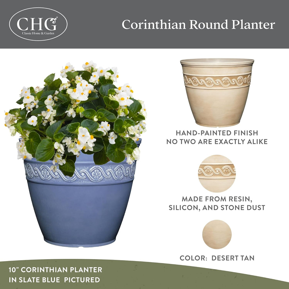 Classic Home and Garden Corinthian Resin Planter Pot - Outdoor & Indoor Plant Pot - Round Planter for Plants & Flowers (10" Storm Gray, Pack of 1)