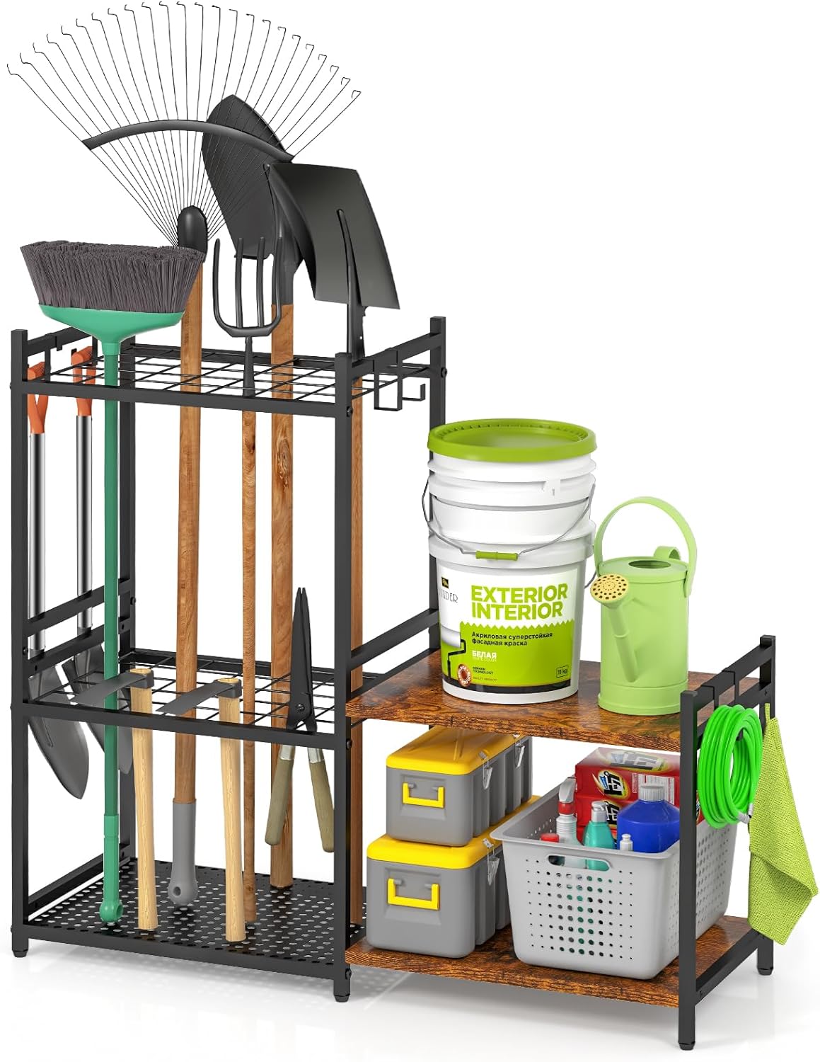 DAOUTIME Garden Organizer With Wheels, Yard Tower Rack for Garage Storage, Up to 35 Long-Handled Tools, Sturdy Metal Steel Holder With 3 Hooks, Outdoor, Black