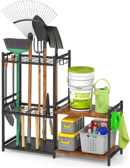 DAOUTIME Garden Organizer With Wheels, Yard Tower Rack for Garage Storage, Up to 35 Long-Handled Tools, Sturdy Metal Steel Holder With 3 Hooks, Outdoor, Black