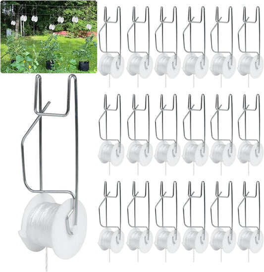 Tomato Support Hooks with String 20 Pcs,100 Pcs Plant Support Clips for Climbing Plants,Tomato Trellis Roller Hooks with 49.2FT String,Reusable Grape Vine Clips to Prevent Tomatoes