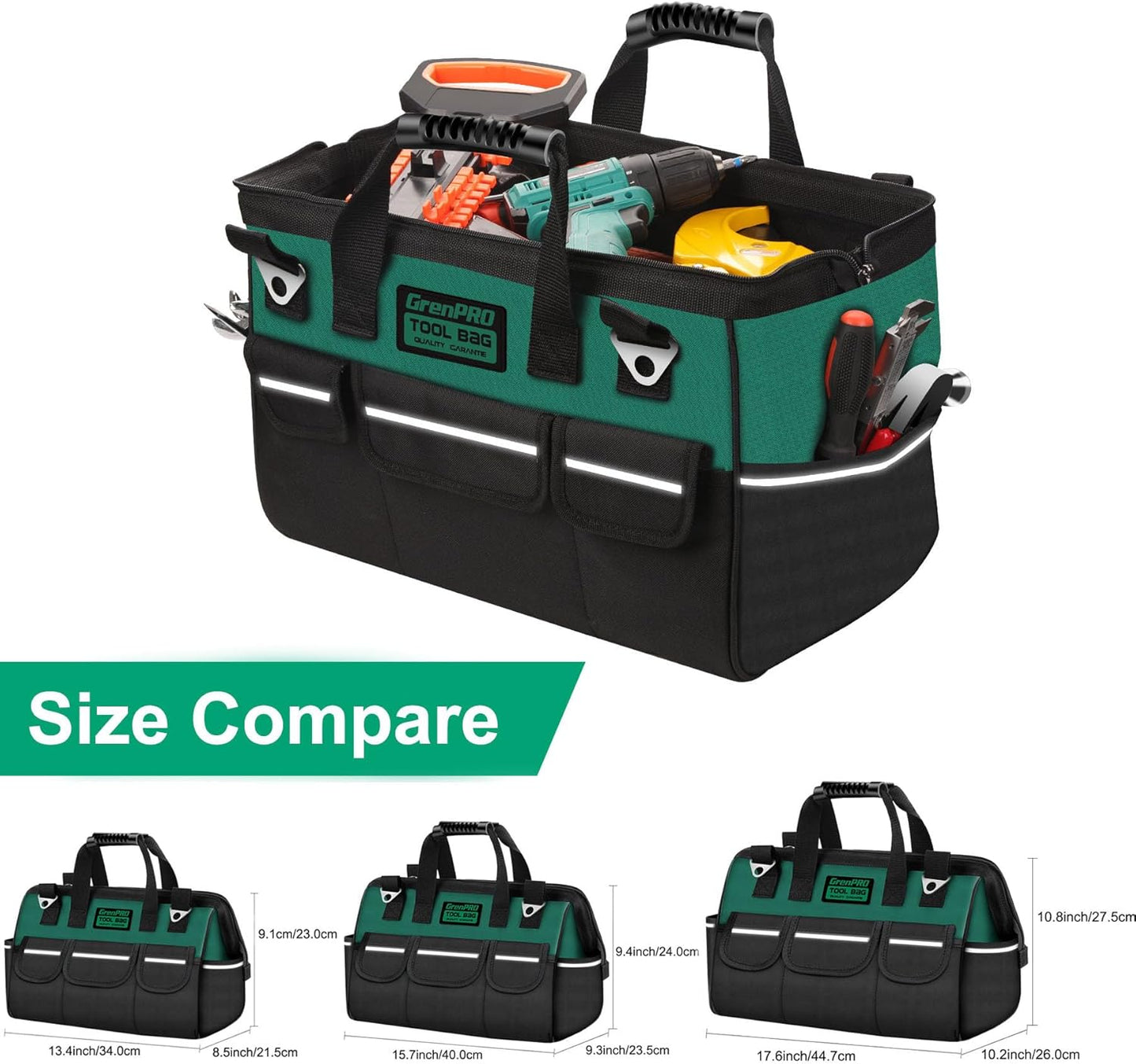 GrenPRO Garden Tool Bag Molded Bottom, Heavy Duty Tool Tote Toolbox with 10 Pockets, Reinforced & Top Snap Closure for Gardening Tools Storage, Dark Green(Tools Not Included)