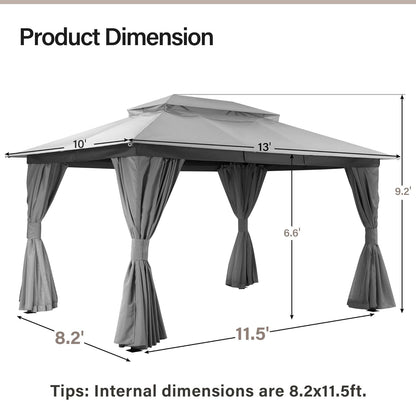 10x20 Gazebo Canopy with 100FT String Lights, Metal Heavy Duty Patio Canopy Tent with Double Roofs, Mosquito Nettings and Privacy Screens for Backyard, Garden, Lawn, Gray