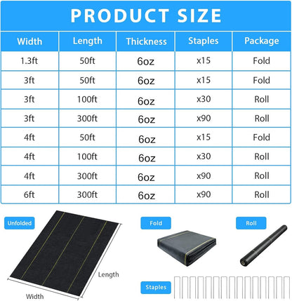 4ft x300ft Black Weed Barrier 3.5oz Landscape Premium Fabric-Heavy Duty Woven Ground Cloth with Superior Permeability Weed Control Convenient Design - Colors AS