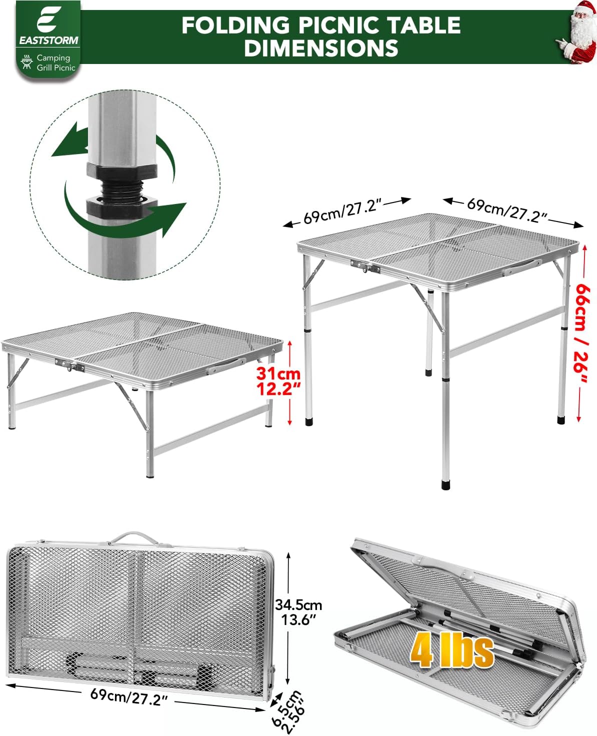 2Ft Small Folding Table with Carry Handle, Camping Table Adjustable Height 10.6–22 in, Black Metal Mesh, Portable & Compact for Outdoor/Indoor,Grill Table, 23.6×15.8 in, 4 lb, 66 lb Capacity