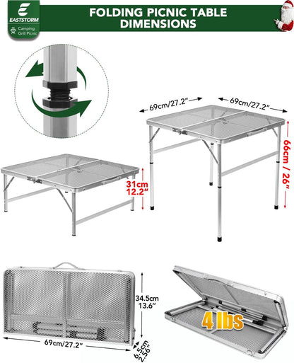 2Ft Small Folding Table with Carry Handle, Camping Table Adjustable Height 10.6–22 in, Black Metal Mesh, Portable & Compact for Outdoor/Indoor,Grill Table, 23.6×15.8 in, 4 lb, 66 lb Capacity