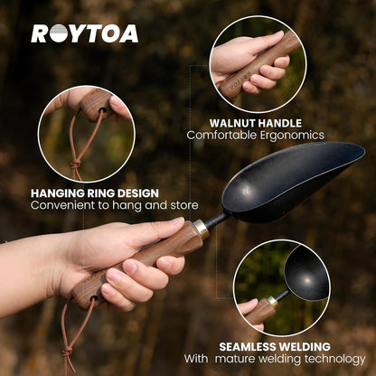 ROYTOA Soil Scoop Garden Trowel, Garden Spade with Ergonomic Walnut Handle, Small Hand Shovel for Transplanting, Digging and Cultivating