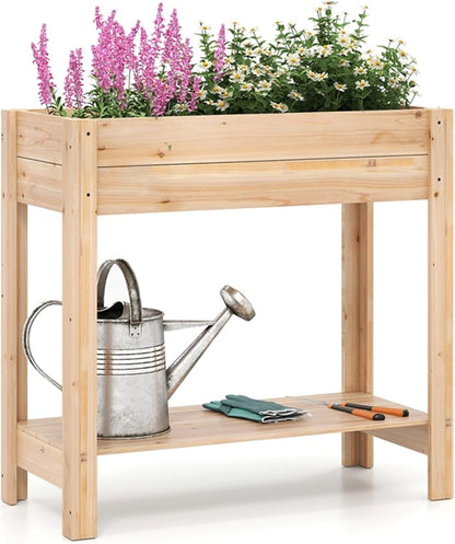 Giantex Wood Raised Garden Bed w/Folding Drop-Leaf Potting Table, Planter Box for Flower Herb Vegetable Fruit, Indoor Outdoor Elevated Raised Beds for Gardening, Backyard, Patio, Balcony