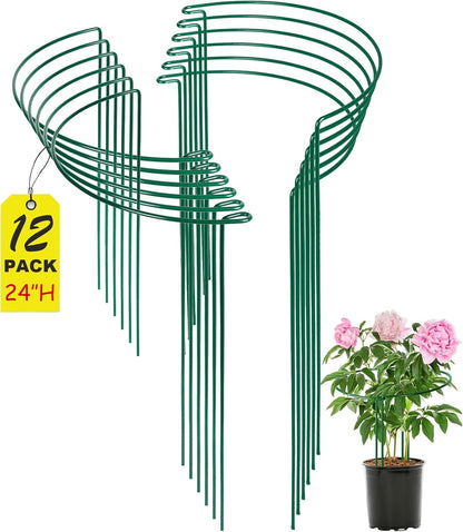 24 Inch Peony Cages and Supports for Large Hydrangea Bushes, Outdoor Plants, Heavy Duty Tall Plant Support Stakes, 12 Pack - Tool-Free Interlocking Design with Powder Coated Rust-Proof Metal Ring