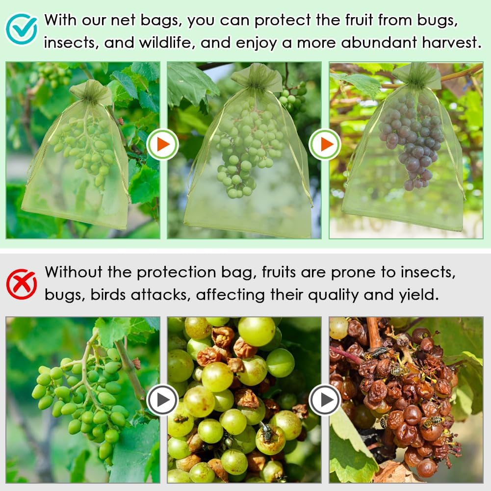 Shintop 100Pcs Fruit Protection Bags, 4x6 Inch Green Strawberry Netting Cover Drawstring Mesh Bags Pest Barrier for Blueberry Small Fruit