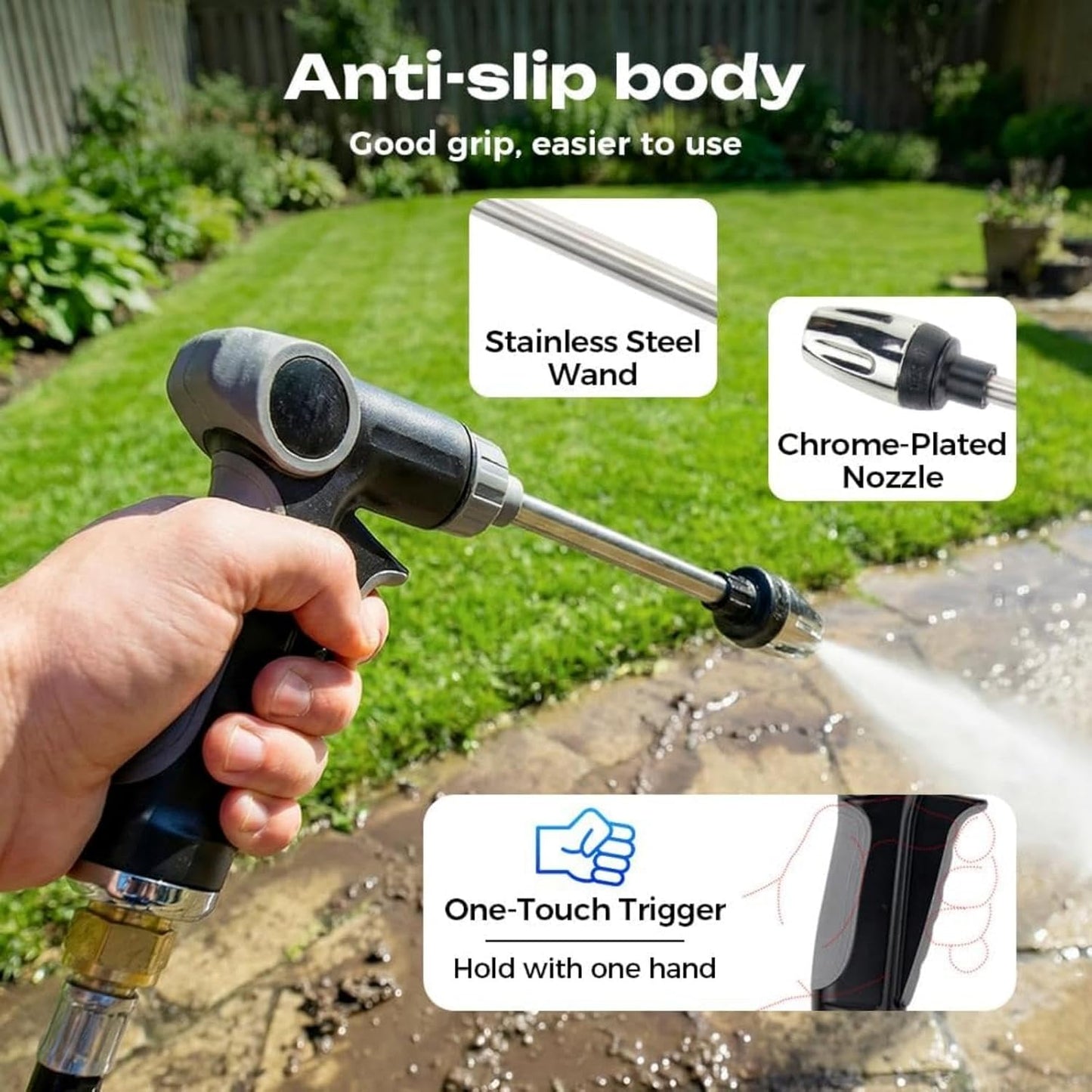 Pressure Washer Wand, High Pressure Hose Nozzle 3 Spray Patterns, 360° Rotating Heavy Duty Cleaning Gun for Garden Hose, Outdoor Cleaning for Car, Patio, Siding (Gun+Connector Pot + 3 connectors)
