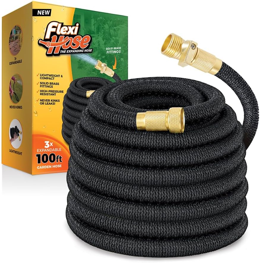 Flexi Hose Lightweight Expandable Garden Hose, 150FT -Retractable Garden Hose, Water Hose - No-Kink Flexibility, 3/4 Inch Solid Brass Fittings and Double Latex Core