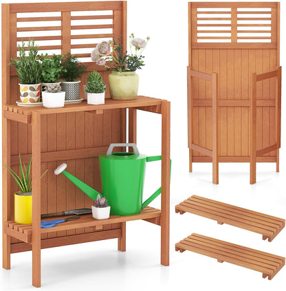 Garden Potting Bench Table, Folding Potting Bench Outdoor Workstation with Trellis & 2-Tier Shelves, Wood Potting Table for Outdoor, Deck, Balcony, Garden, Backyard