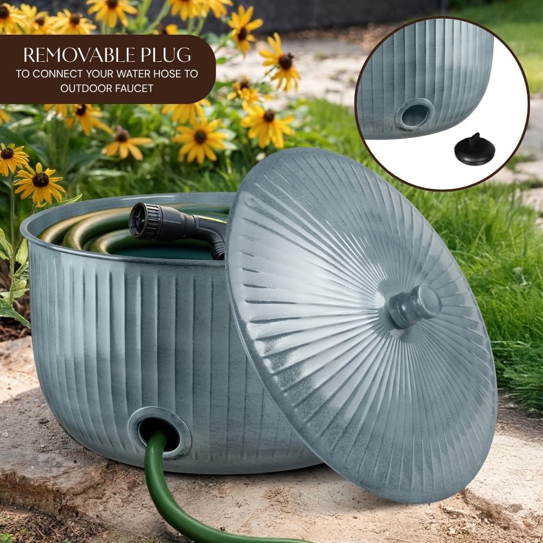Monarch Abode Garden Hose Holder with Lid – Decorative Water Hose Holders for Outside, Ridge Embossed Metal Matte Black Pot with Drainage, 100ft Waterhose Holder for Outside, Garden Storage Caddy
