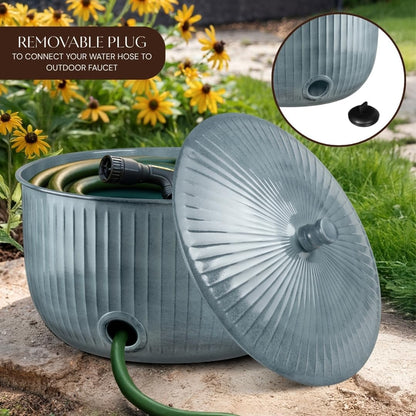 Monarch Abode Garden Hose Holder with Lid – Decorative Water Hose Holders for Outside, Ridge Embossed Metal Matte Black Pot with Drainage, 100ft Waterhose Holder for Outside, Garden Storage Caddy