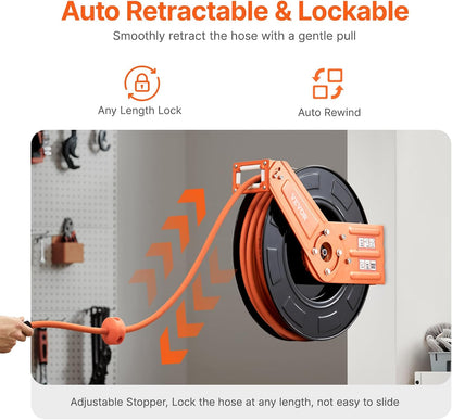 VEVOR Retractable Air Hose Reel, 3/8IN x 100FT Rubber Air Hose Max 300PSI, Air Compressor Hose Reel Auto-Rewind with 5FT Lead in, Ceiling/Wall Mount Heavy Duty Single Arm Steel Reel, 1/4" NPT Fitting