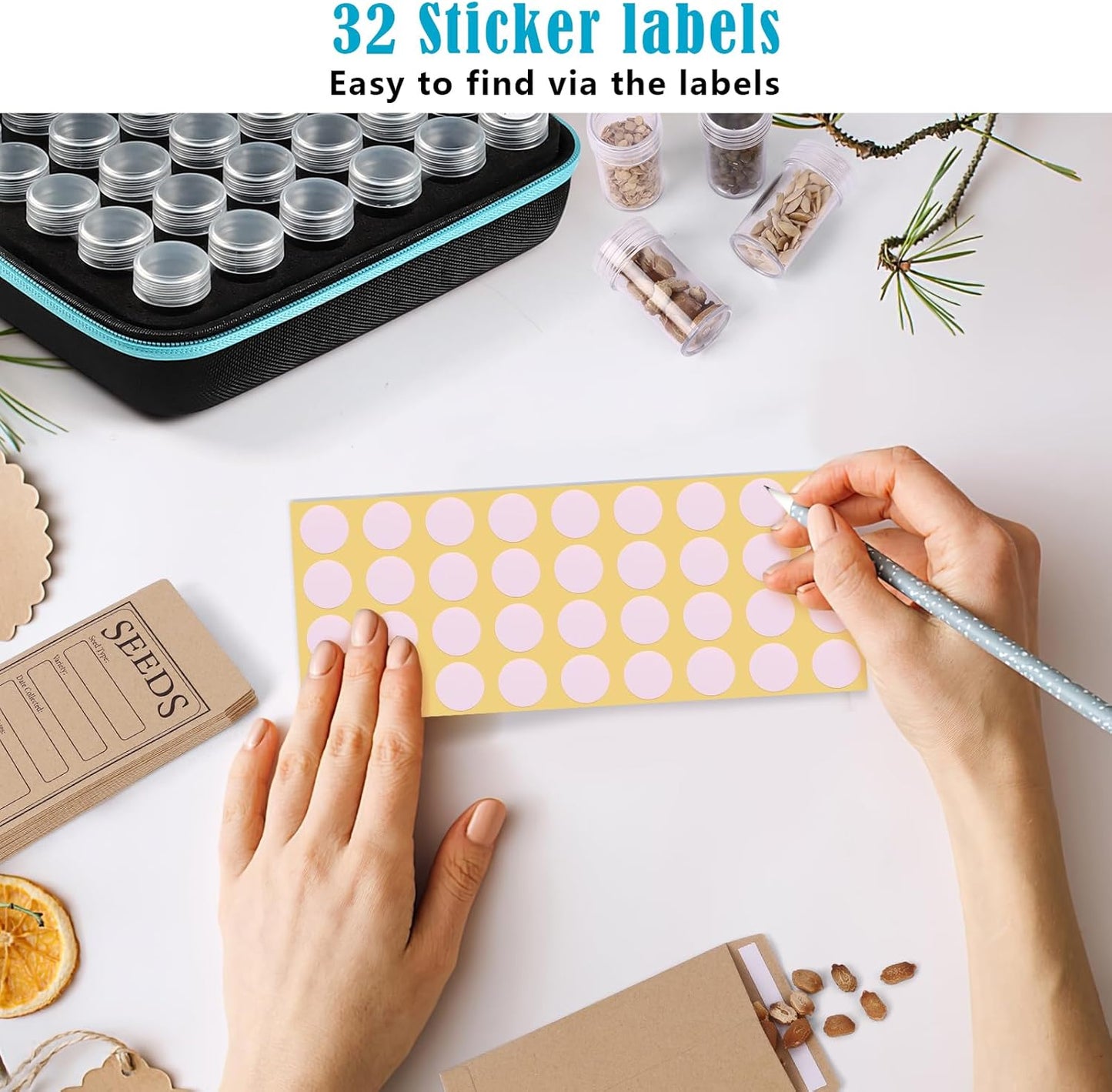 60 Slots Seed Storage Organizer with 20 Seed Envelopes, Sturdy Seed Organizer Storage Box with Zipper Bag Label Stickers(Seeds not Included), Seed Storage Container for Flower Plants Garden
