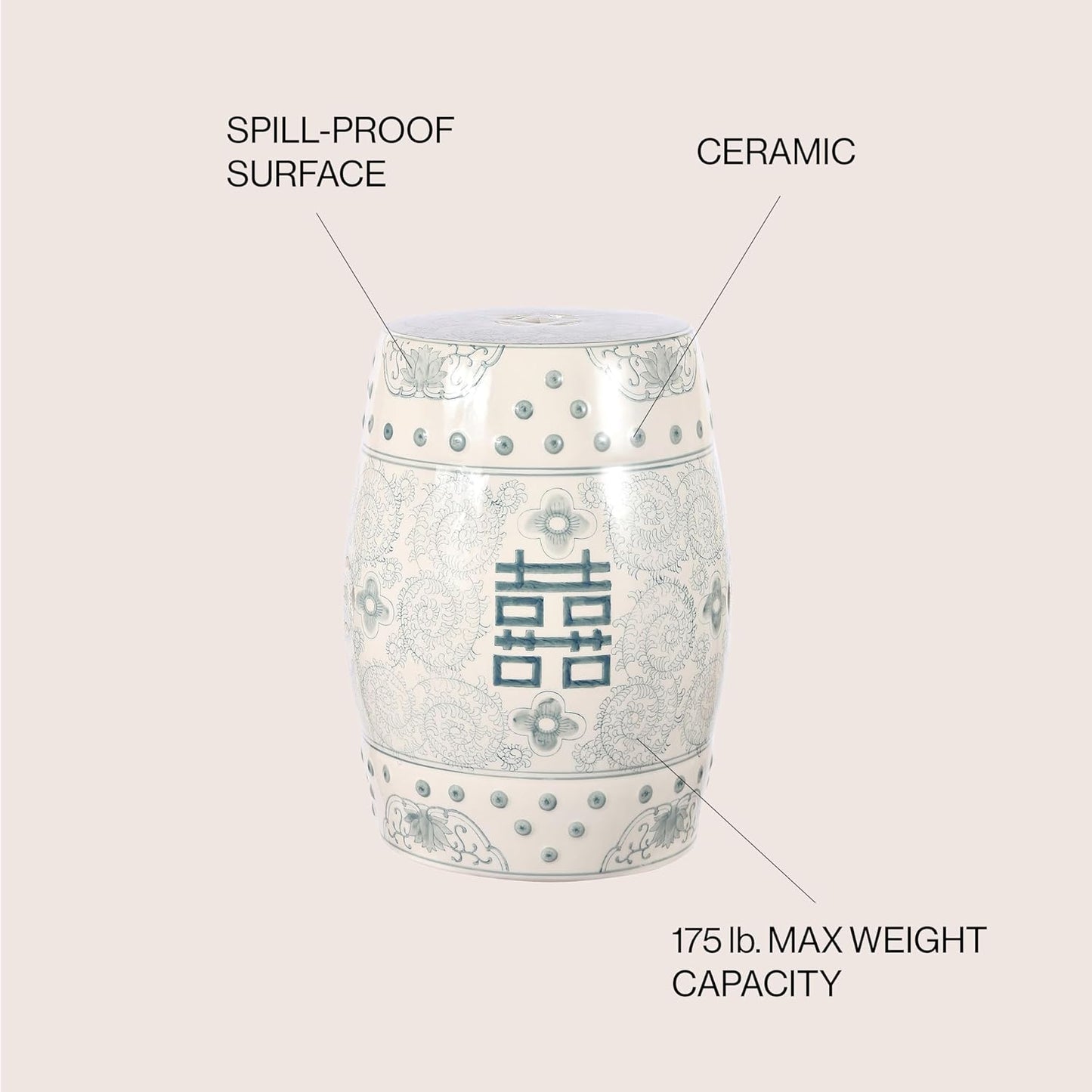 JONATHAN Y Double Happiness 18" Ceramic Garden Stool, Traditional Chinoiserie Dusty Teal and White Indoor/Outdoor Patio Drum Accent Side Table and Plant Stand TBL1013C