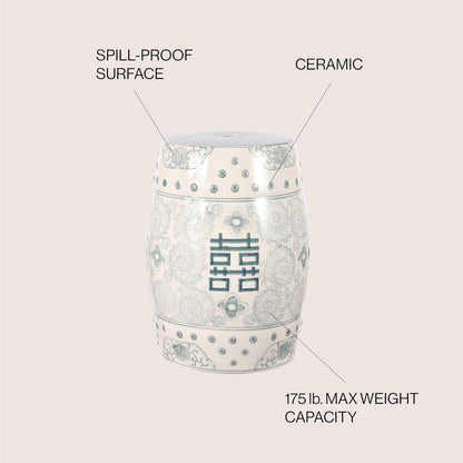 JONATHAN Y Double Happiness 18" Ceramic Garden Stool, Traditional Chinoiserie Dusty Teal and White Indoor/Outdoor Patio Drum Accent Side Table and Plant Stand TBL1013C