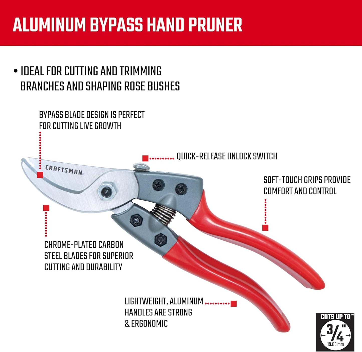 Craftsman 3/4-in. Manual Aluminum Bypass Hand Pruner for Cutting, Trimming Branches, Shaping Rose Bushes