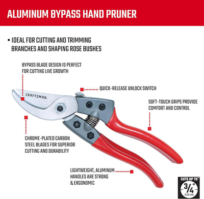 Craftsman 3/4-in. Manual Aluminum Bypass Hand Pruner for Cutting, Trimming Branches, Shaping Rose Bushes