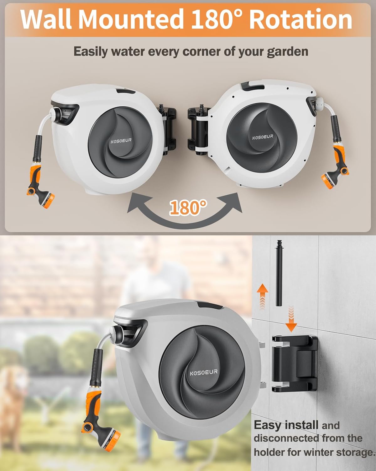 KOSOEUR Retractable Garden Hose Reel, 1/2 In X 100 ft Retractable Hose Reel, Automatic Retractable Water Hose Reels for Outside with 10 Pattern Nozzle, Any Length Lock Auto-retract 180° Swivel Bracket