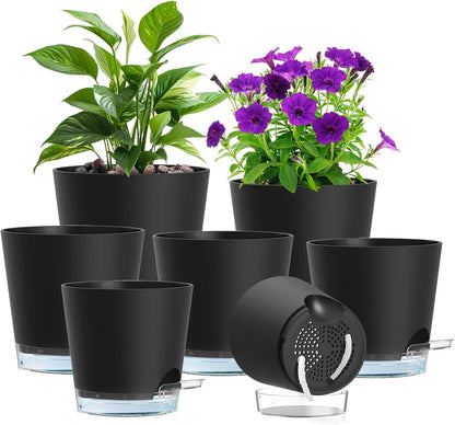 Meowell Self Watering Pots Pack of 6 – Different Size 4" to 7" Indoor Plant Pots with Drainage Holes and Clear Reservoir for Visible Water Level, Plastic Wicking Planters for House Plants, White