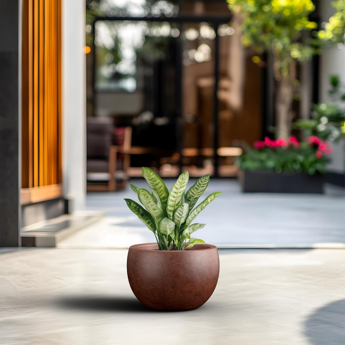 Large Round Bowl Vintage BRN Concrete Planter 19.9" Dia, Outdoor