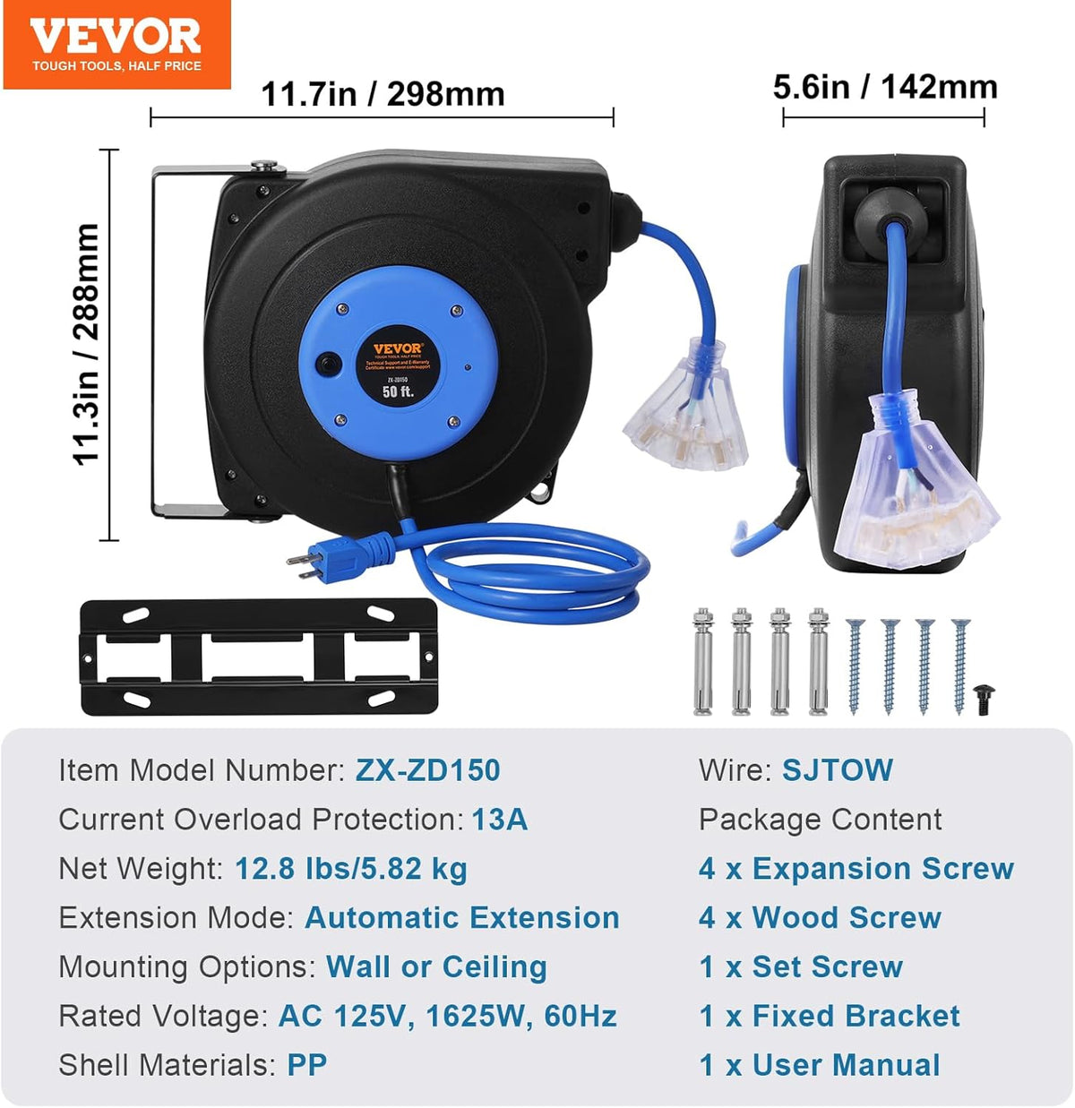 65FT Retractable Extension Cord Reel, Heavy Duty 12AWG/3C SJTOW Cord